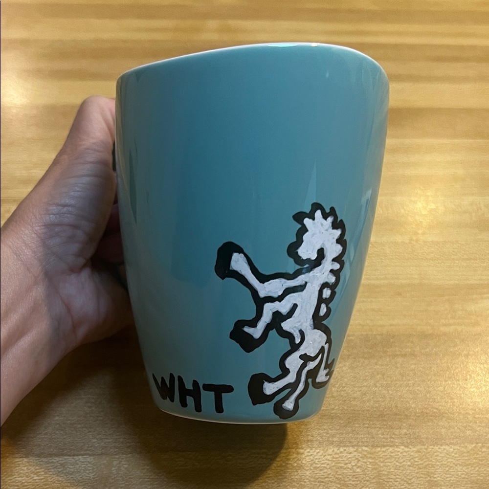 # 0851+ Blue Mug with White Horse Thunder ( WHT) Handmade Painting. 16oz